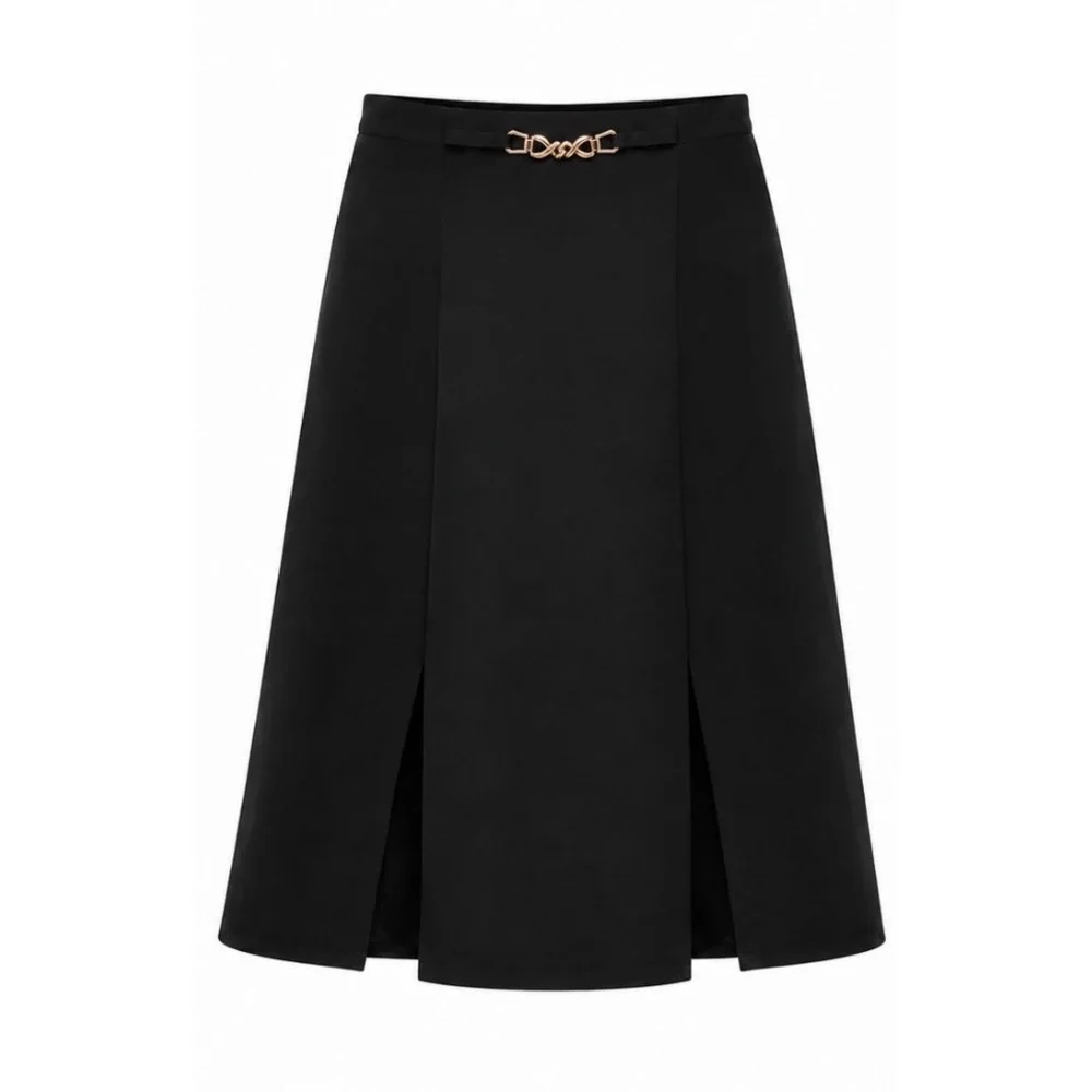Roz & Ali Black A-Line Midi Skirt Gold Chain Detail Size Large